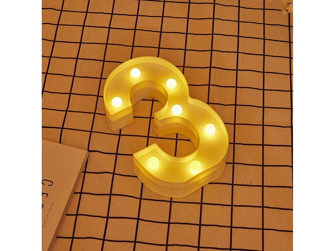Letra LED 3 Número Iluminado con Luz Blanca Cálida, Altura 22cm, Funcionamiento a Pilas 2*AA