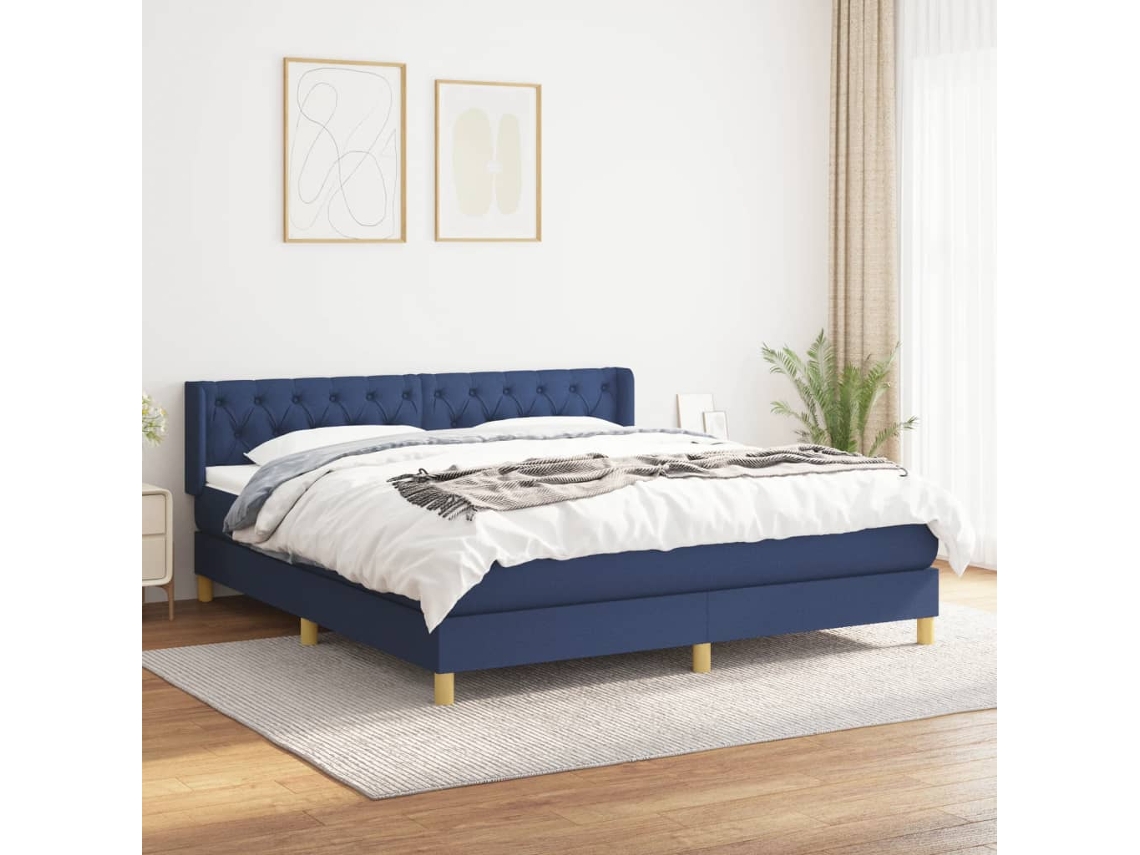 Cama Box Spring Con Colchón Tela Azul 160x200 Cm