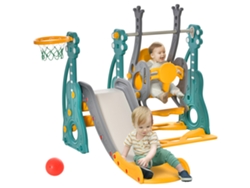 Tobogán Y Columpio Infantil 4 En 1 Con Aro De Baloncesto, Asiento Ajustable, 152x149x107cm, Azul Y Amarillo.
