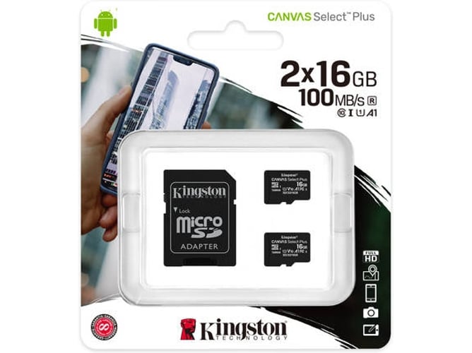 Pack 2 Tarjetas de Memoria KINGSTON 16GB Micro SD Canvas Select Plus 100R A1 C10 + Adaptador