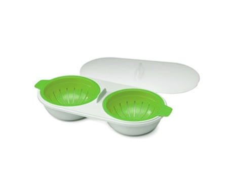Escalfador de huevos doble para microondas, juego de hervidor de huevos de drenaje de silicona comestible de 2 cavidades - verde