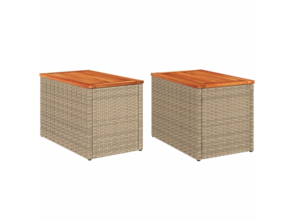 Juego de 2 mesas auxiliares de jardín de mimbre con patas de madera maciza, beige, EXCLUSIVA MAISON