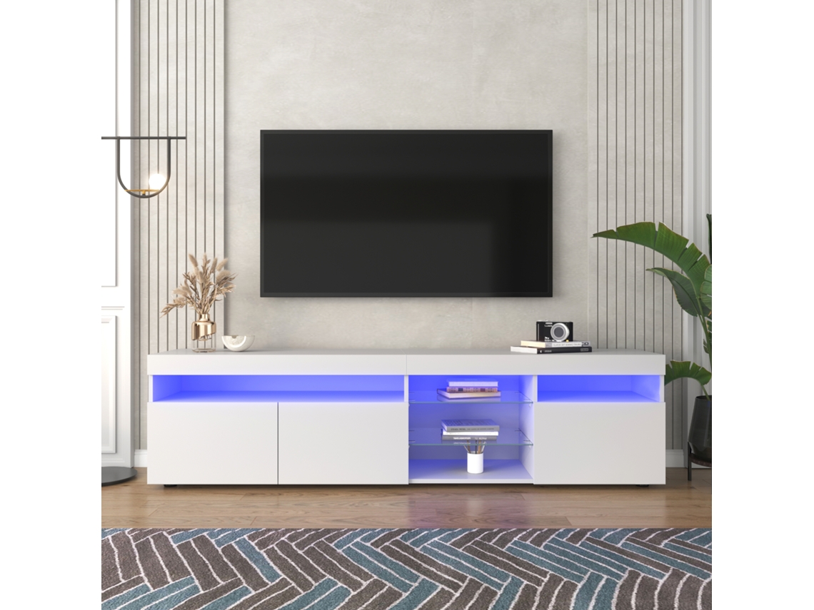 Mueble TV moderno de 180 cm con LED, 3 puertas y 5 compartimentos abiertos, blanco Mobrio