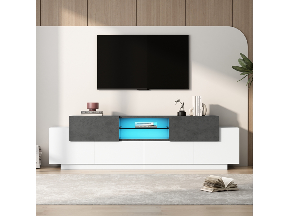 Mueble TV 180x40x45 cm con LED con 2 Cajones y 4 Puertas para Televisores de 80/75/70/65/55 Pulgadas Estilo Blanco Gris