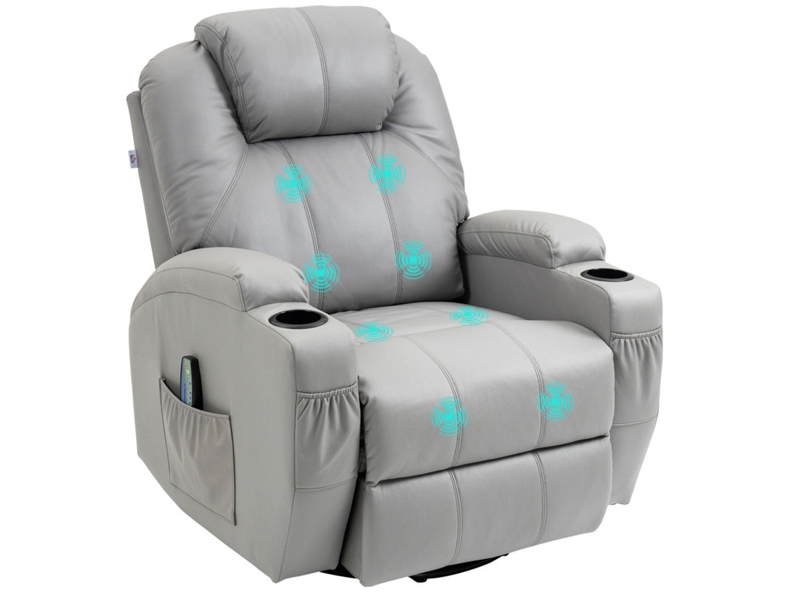 Sillón Reclinable Con Función De Masaje, Reposapiés Y Mando A Distancia, Piel Sintética, 89x99x106 Cm, Gris.