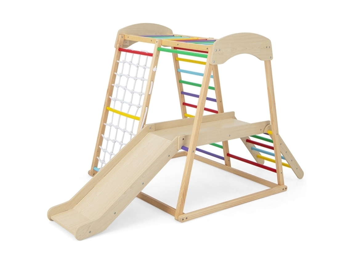 Conjunto de escalada de madera para interiores NORTHIX con tobogán, escalera y túnel.