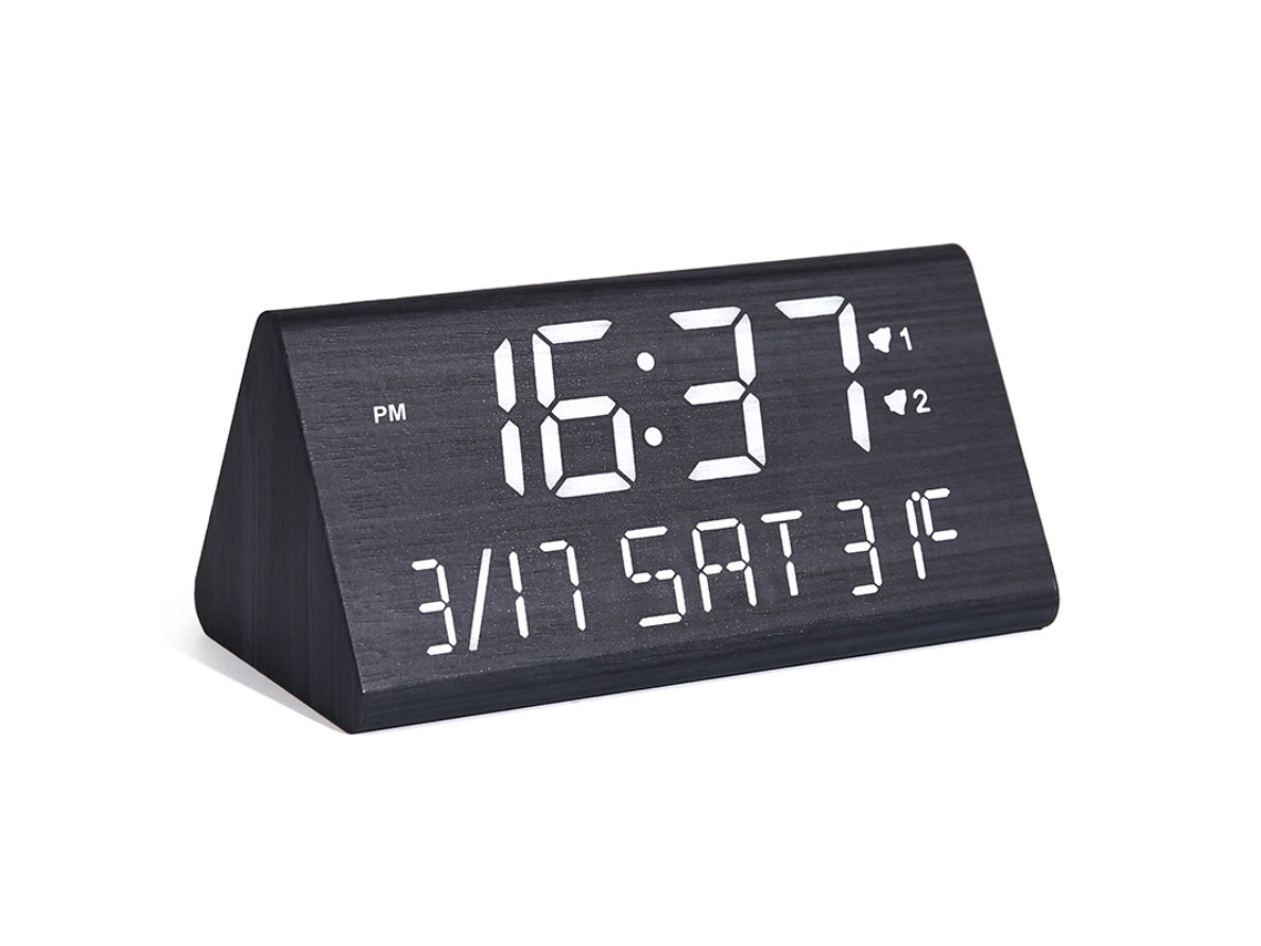 Despertador Digital Madeira 2 Alarmes Indicador Temperatura Desligamento Automático Escritório Quarto Preto