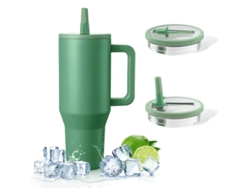 Taza térmica con aislamiento al vacío (1,2 litros) con tapa, asa, tapa abatible con pajita y base de goma verde Hexinyigjly