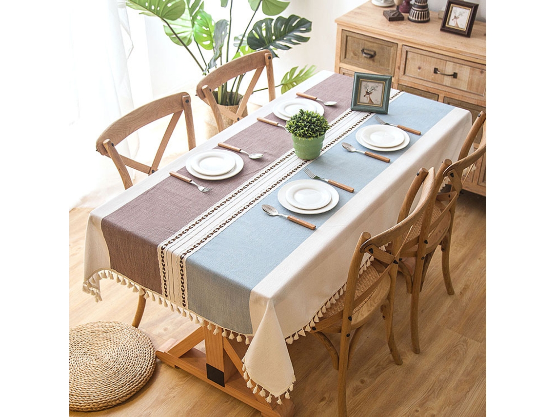 Mantel decorativo de cocina, mezcla de lino lavable con detalles de borlas, diseño de rayas moderno y sencillo, adecuado para la mesa del comedor.