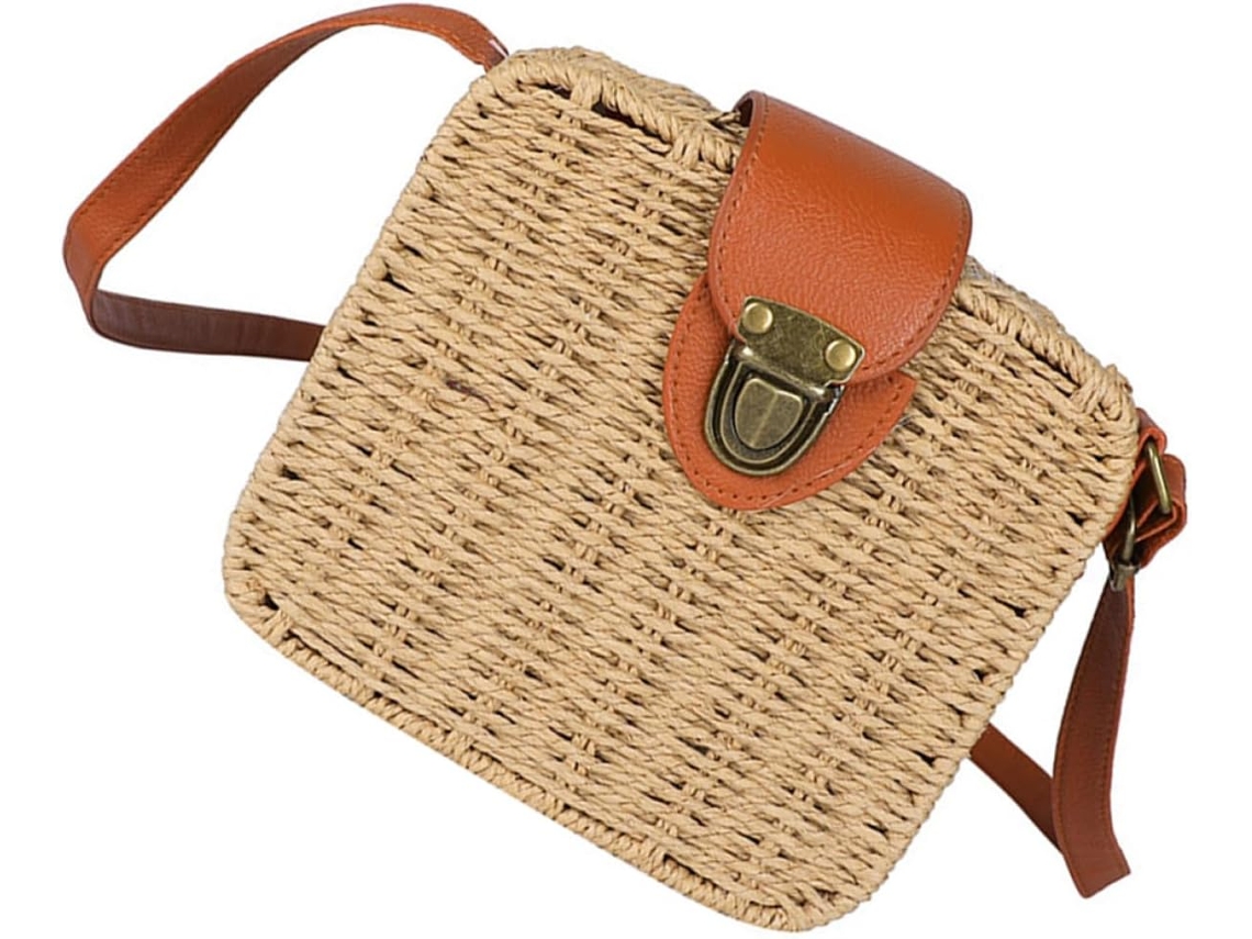 Bolso De Playa Pequeño De Paja Tejida Para Mujer Con Correa Para El Hombro.