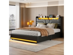 Cama Doble Tapizada De 140 X 200 Cm Con Iluminación Led, Funcional Cama Basculante Hidráulica Con Somier De Láminas, Sin Colchón, Pu (negro)