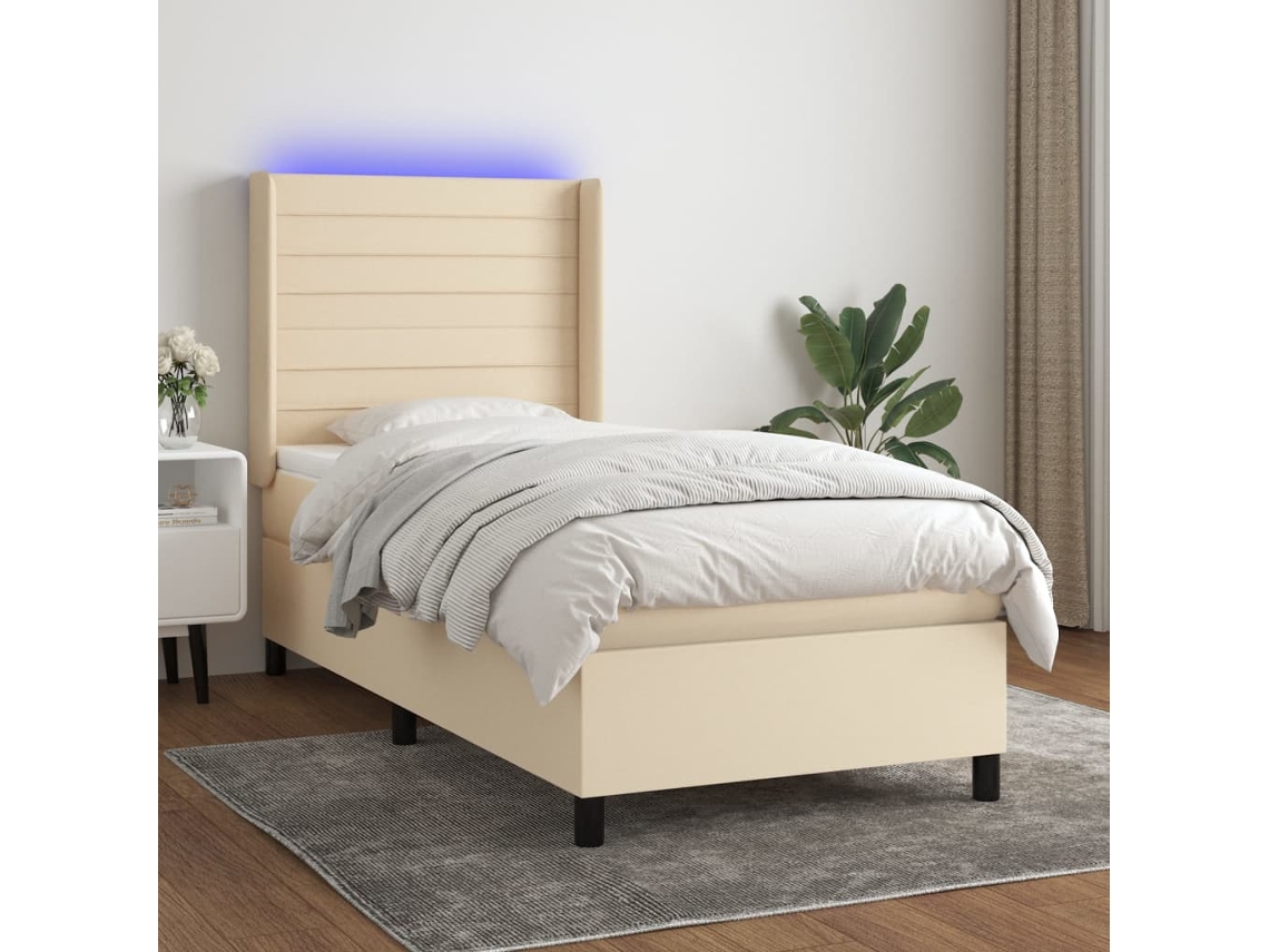 Cama Box Spring Colchón Y Luces Led Tela Crema 80x200 Cm