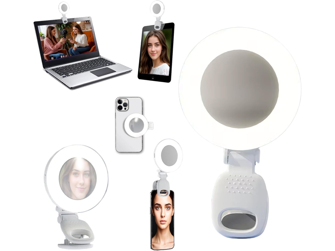 Mini anillo de luz para selfies con espejo, lámpara de maquillaje LED 2 en 1 con pinza para teléfono móvil, ordenador portátil y mesa (blanco)