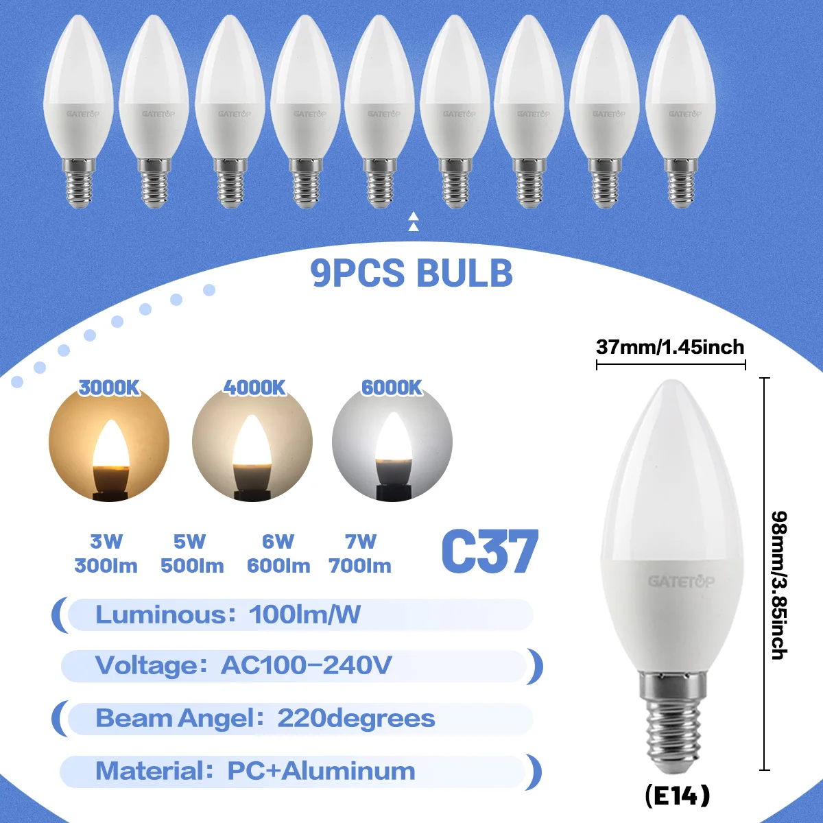 (9 Bombillas, Luz Blanca Fría De 6000k) Bombillas Led Tipo Vela E14, Lámparas Colgantes Decorativas, Adecuadas Para Salas De Estar Familiares.
