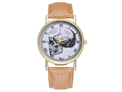 Reloj De Cuarzo Unisex Con Correa De Cuero Pu Moda Patrón Calavera Numerales Romanos Beige