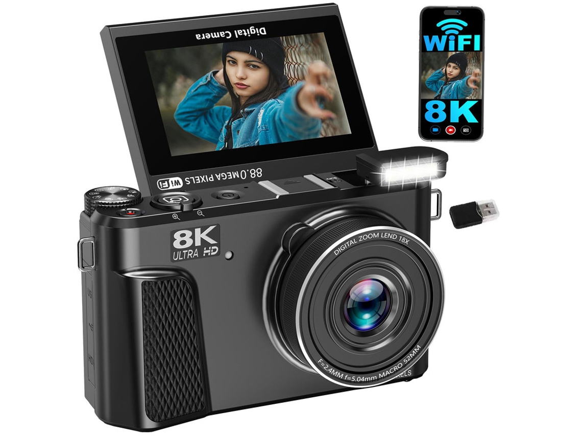 Cámara Digital Wd3 Szsmart 8k 88mp Autofocus Vlogging Con Wifi, Pantalla Flip 180° 3" Y Zoom 18x Para Youtube - Negro
