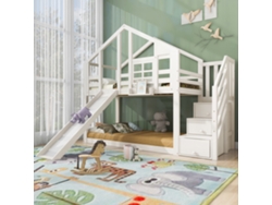 Cama Infantil 90x200 cm Tipo Casa con Tobogán y Barandilla de Seguridad Blanca Mobrio