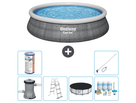 Piscina Hinchable Redonda Fast Set BESTWAY - Estampado Ratán - 457 x 107 cm - Incluida Bomba - Escalera Accesorios CB24