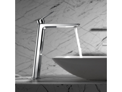 Grifo monomando alto para lavabo, latón cromado y zama, cartucho cerámico Ø35mm, con latiguillos flexibles Imex.