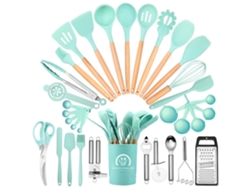 Conjunto de Utensílios de Cozinha 34 Peças Conjunto de Panelas Resistentes Ao Calor de Silicone com Cabo de Madeira-Verde GERTIZ