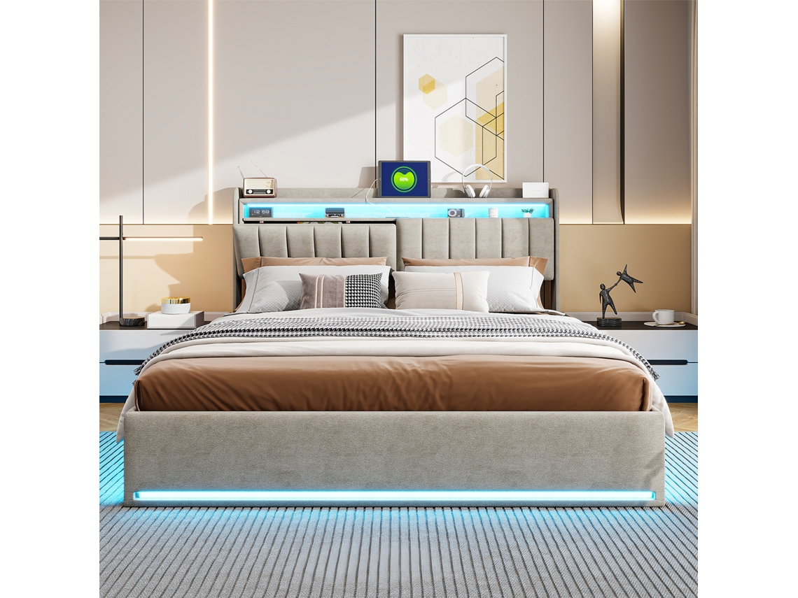 Cama Doble 140 X 190 Cm, Cama Tapizada Con Led, Cabecero Usb Con Espacio De Almacenamiento Para Adolescentes Y Adultos, Terciopelo Gris