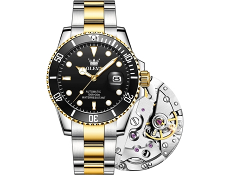 VEANXIN Reloj mecánico automático luminoso con esfera grande para hombre, resistente al agua, con mano grande y cuerda automática(oro negro)