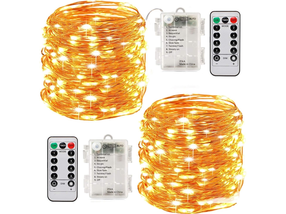 2 guirnaldas de luces LED de 10 m a pilas, 100 LED, función de temporizador, mando a distancia, resistente al agua IP65, luz blanca cálida PRIME KANG