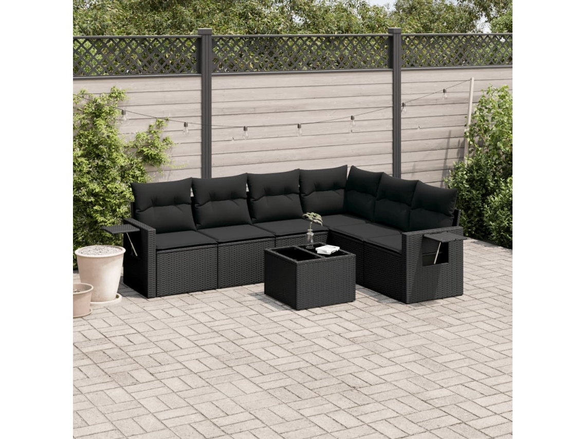 Conjunto de sofá de jardín de 7 piezas con cojines, ratán negro, Dkd Home Decor