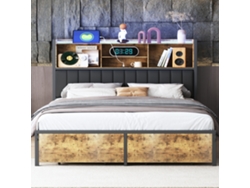 Cama De Matrimonio Tapizada 160x200, Almacenaje Triple (cabecero+cajones), Hierro Y Madera, Led Rgb App, 2 Usb, Negro/madera Envejecida