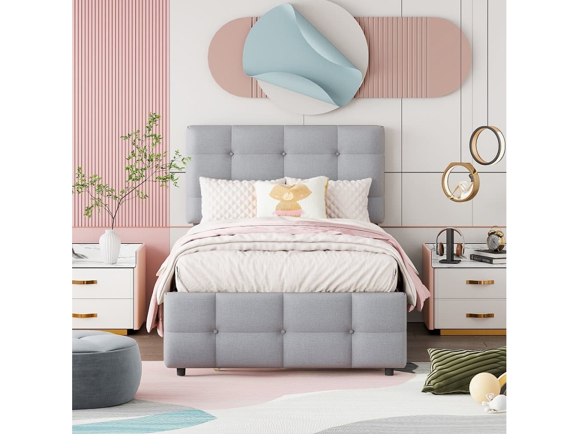 Cama Nido Capitoné 90x200cm - Cabecero Regulable - Tejido Lino - Gris