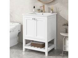 Mueble de baño con lavabo de cerámica, 2 puertas y repisa inferior, color blanco (grifo no incluido)