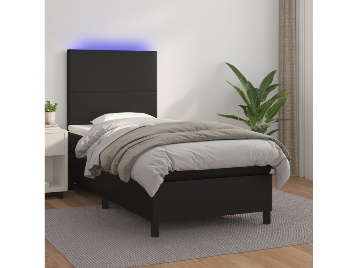 Cama Box Spring Y Colchón Led Cuero Sintético Negro 90x200 Cm
