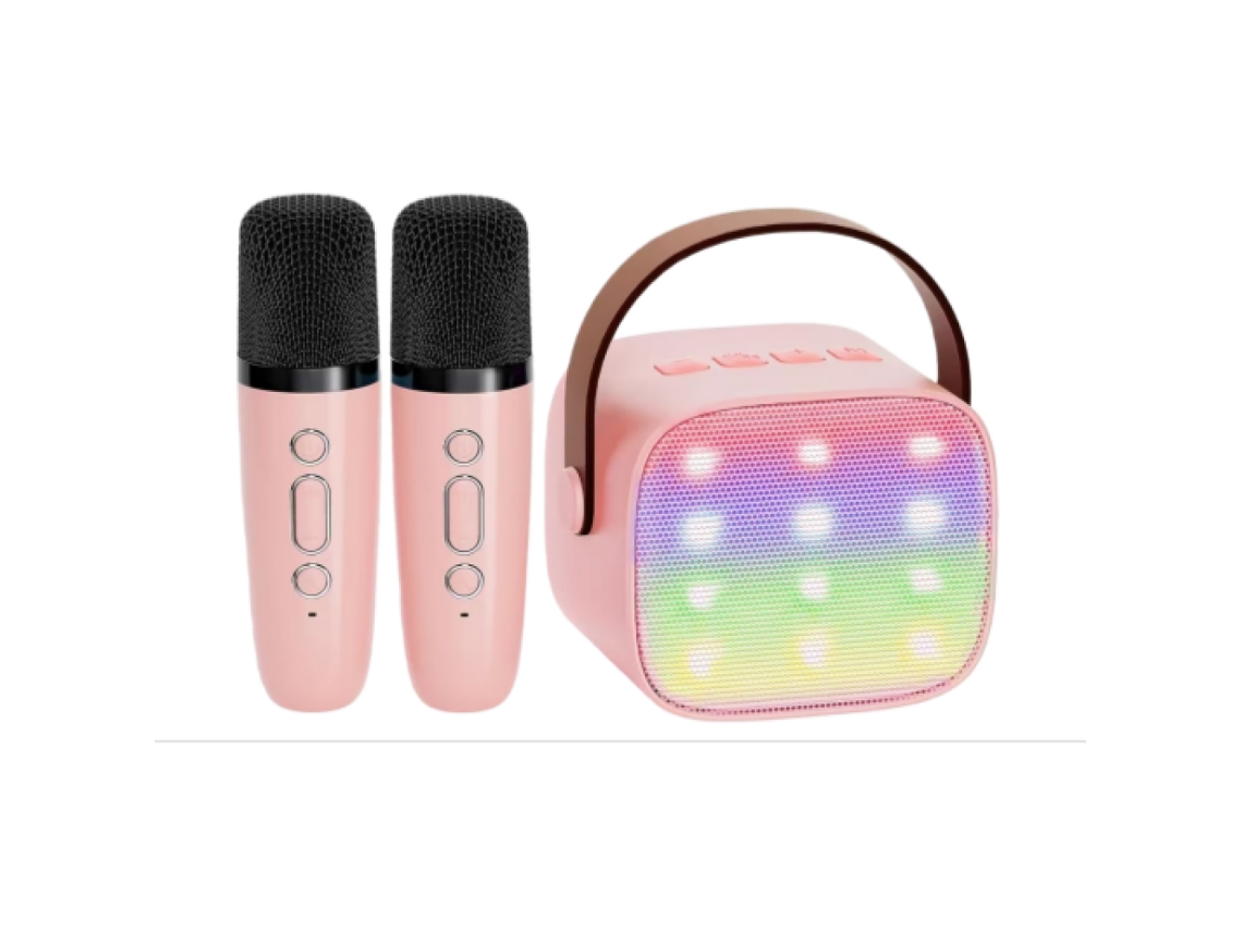 Máquina de karaoke portátil SSTRWGOOD para niños con 2 micrófonos inalámbricos y luces LED rosas