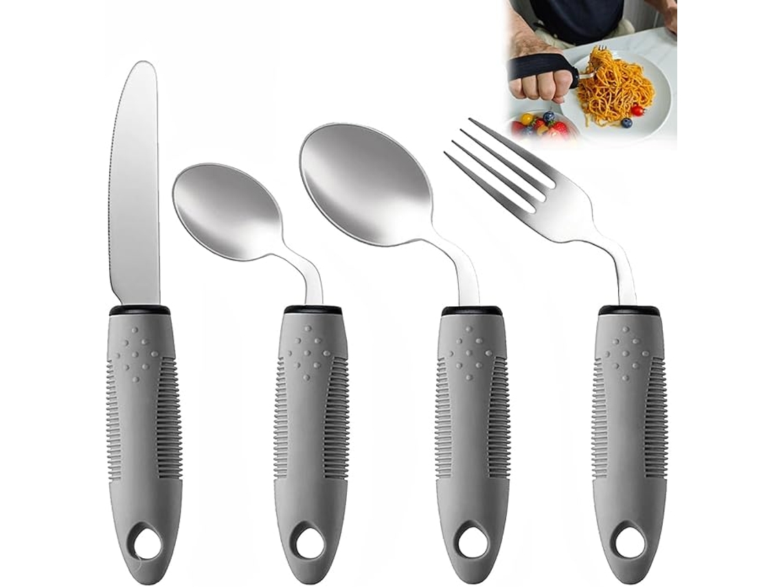 4 Cubiertos Parkinson Angulo 42 Con Peso, Para Temblores Y Artritis, Diestro Gris