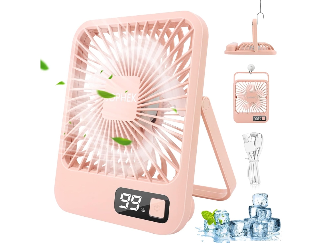 (Rosa) Mini ventilador silencioso, alimentación USB, batería de 3000 mAh, 5 velocidades de viento
