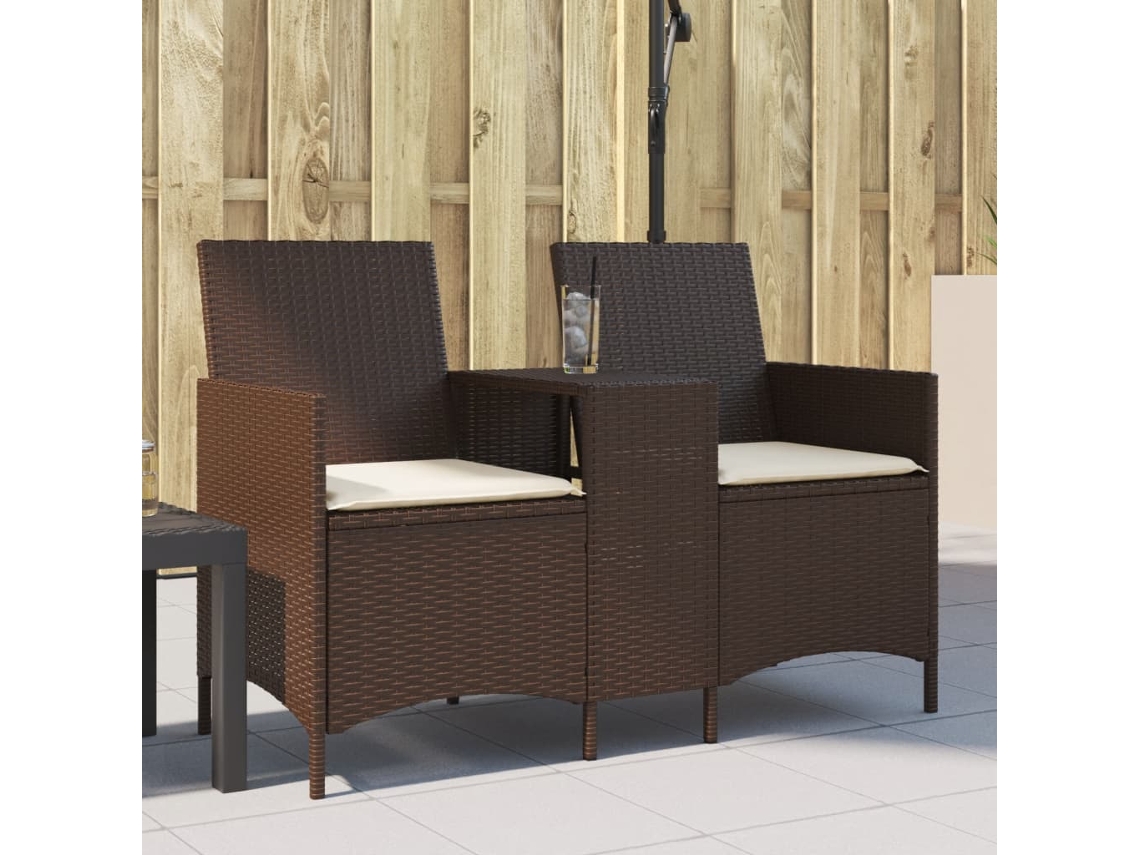 Sofá de jardín con mesa y cojines, 2 plazas, mimbre marrón, DKD Home Decor
