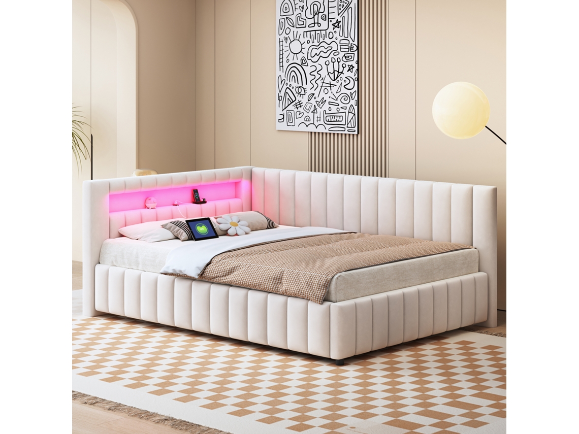 Sofá Cama De Terciopelo Beige De 140x200 Cm Con Cabecero Led Usb, Cama Moderna Para Dormitorio.