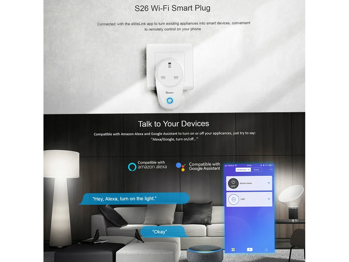 Tomada Inteligente Sonoff S26 Wifi Controle Remoto App Alexa Timer Para Luz Aquecedor Automação Residencial
