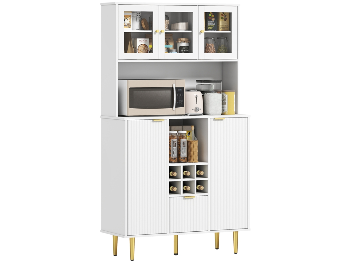 Mueble de cocina, auxiliar de cocina móvil, armario alto con 3 puertas de cristal, botellero, 100x40x180 cm, blanco