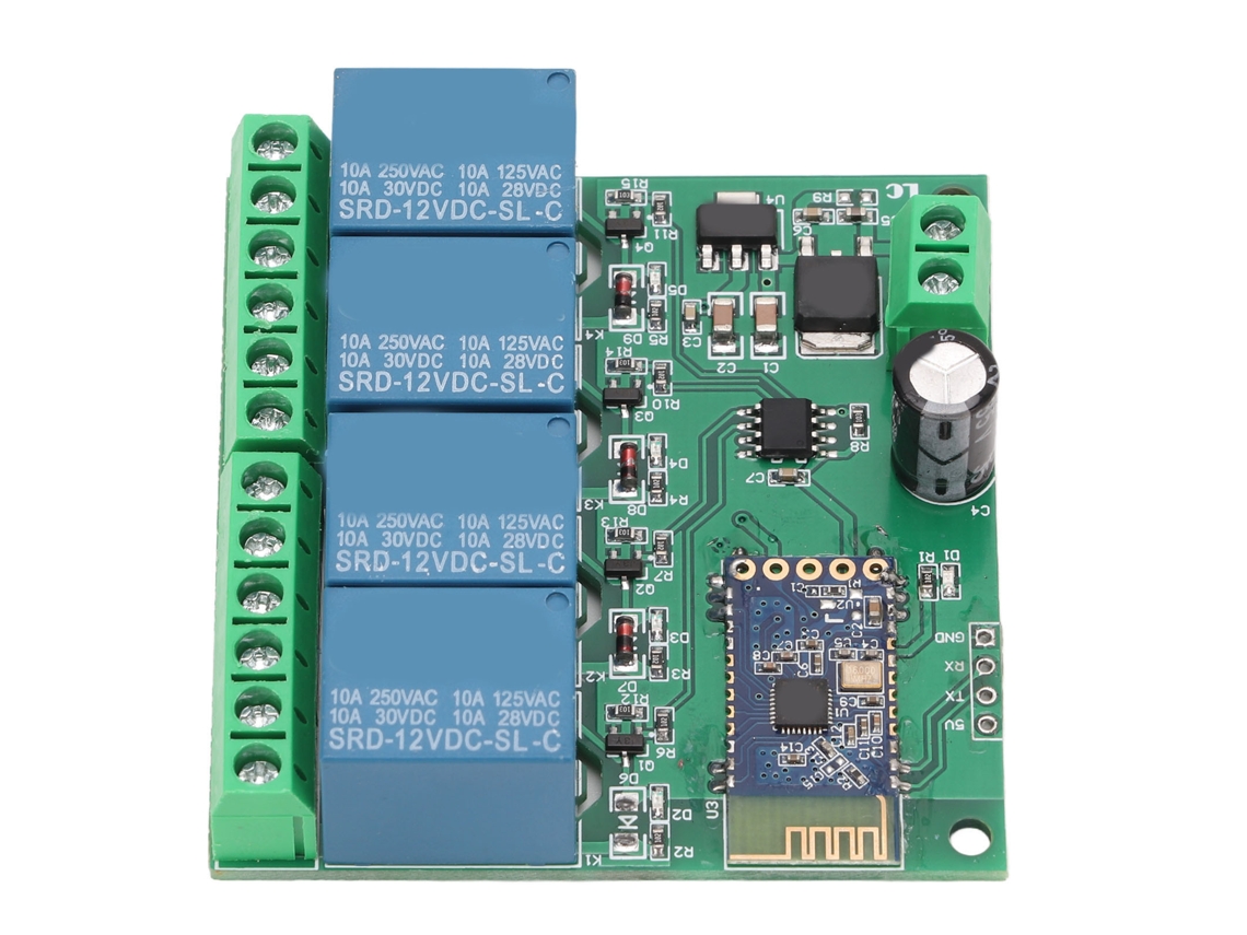 Módulo de relé Bluetooth de 4 canales con control remoto para hogar inteligente, 12 V CC, con alta resistencia a las interferencias.