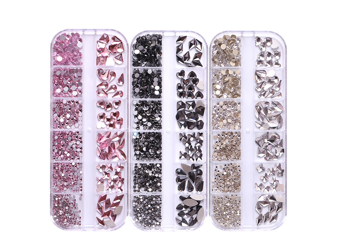 Caja Larga 12 Compartimentos Diamantes Planos Y Formas Especiales Para Decoración De Uñas Diy Accesorios Brillantes