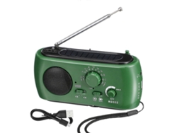 -Una radio portátil con funcionamiento mediante manivela, luz LED y capacidad de carga de dispositivos.