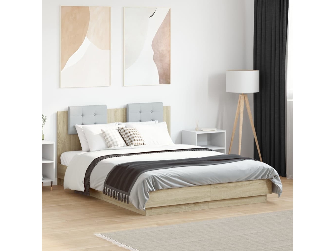 Estructura De Cama Cabecero Y Luces Led Roble Sonoma 135x190 Cm