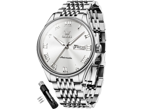 VEANXIN Reloj automático de acero inoxidable resistente al agua con calendario luminoso para hombre(plata)