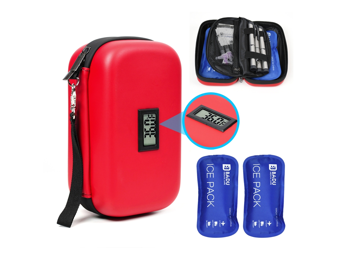 Caja térmica para insulina con indicador de temperatura y 2 bolsas de hielo para 24 horas. Color rojo.