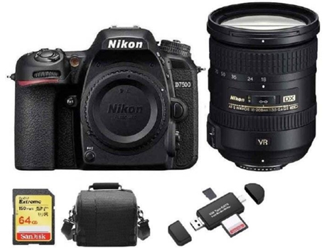 Kit Cámara Réflex NIKON D7500 + AF-S 18-200MM F3.5-5.6G ED VR II DX + Tarjeta SD de 64GB + Funda de cámara + Lector de Tarjeta de memória