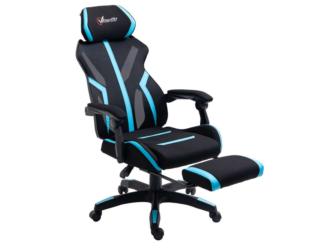 Silla Gaming Con Reposapiés Retráctil De Oficina Giratoria Reclinable Con Reposacabezas Y Altura Ajustable 65x65x119-129 Cm Negro Y Azul