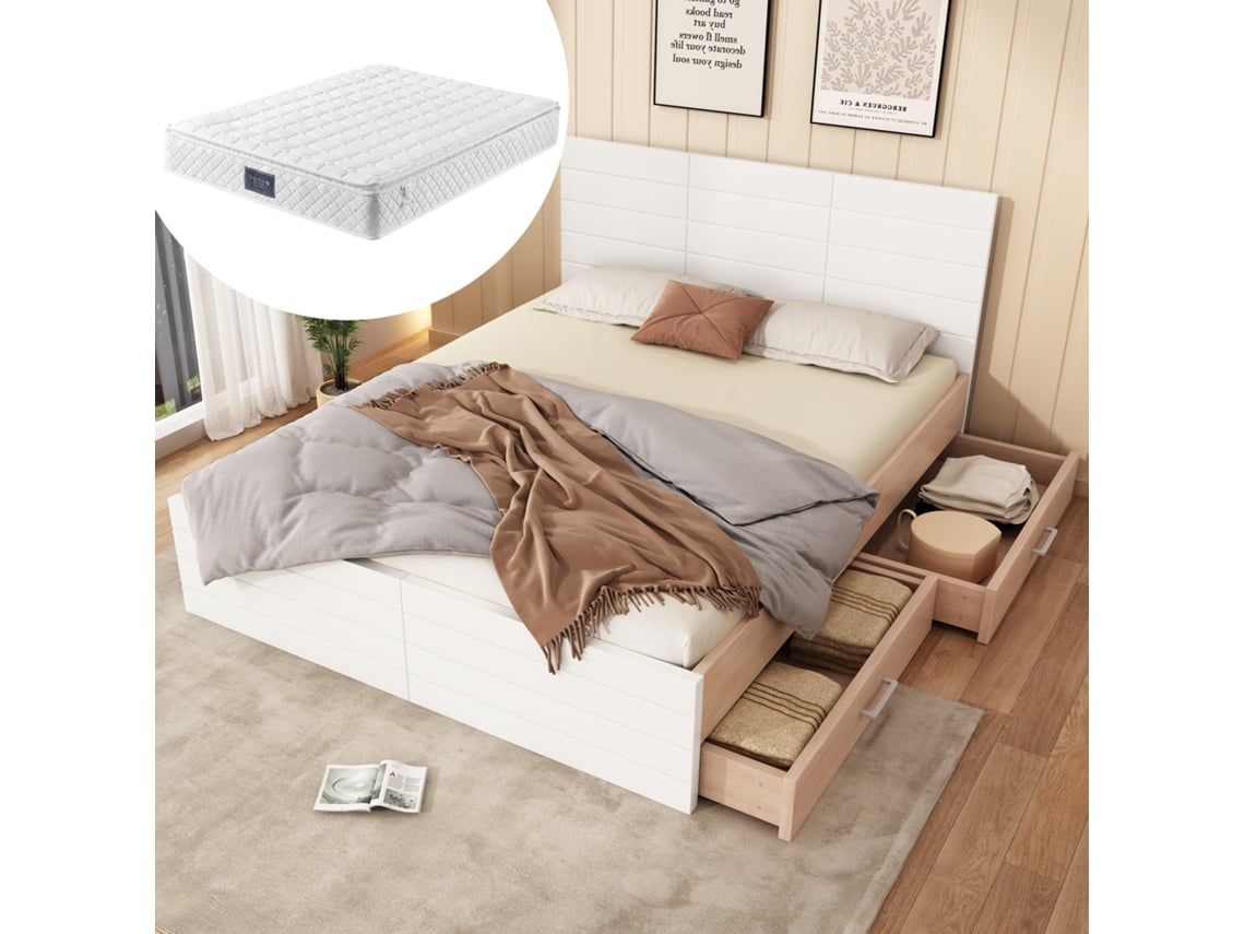 Cama Doble De Madera De 140x200 Cm Con 2 Cajones, Juego Completo Con Estructura Y Somier De Láminas, Acabado En Roble Blanco.