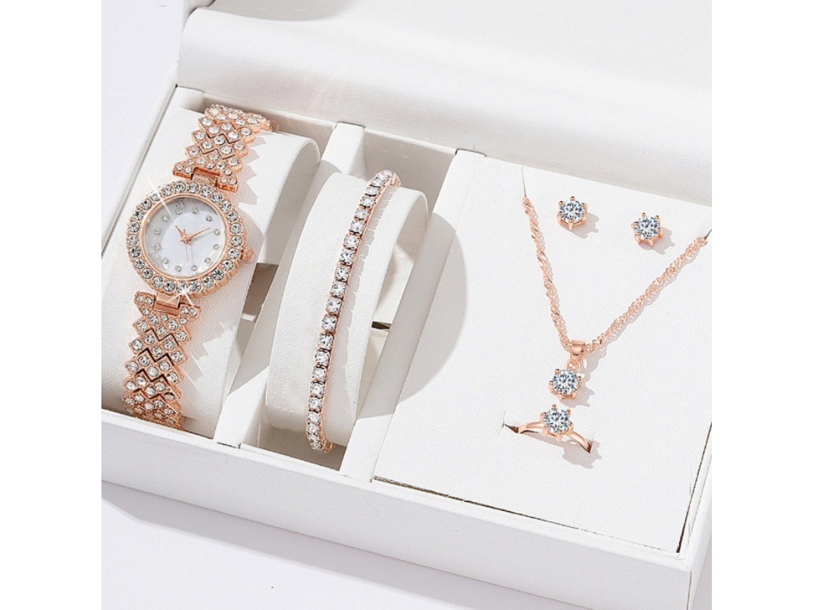 Set de regalo de 5 piezas para mujer: reloj de diamantes, collar, pulsera, anillo, pendientes y caja de regalo naranja SPQMENT (oro rosa).