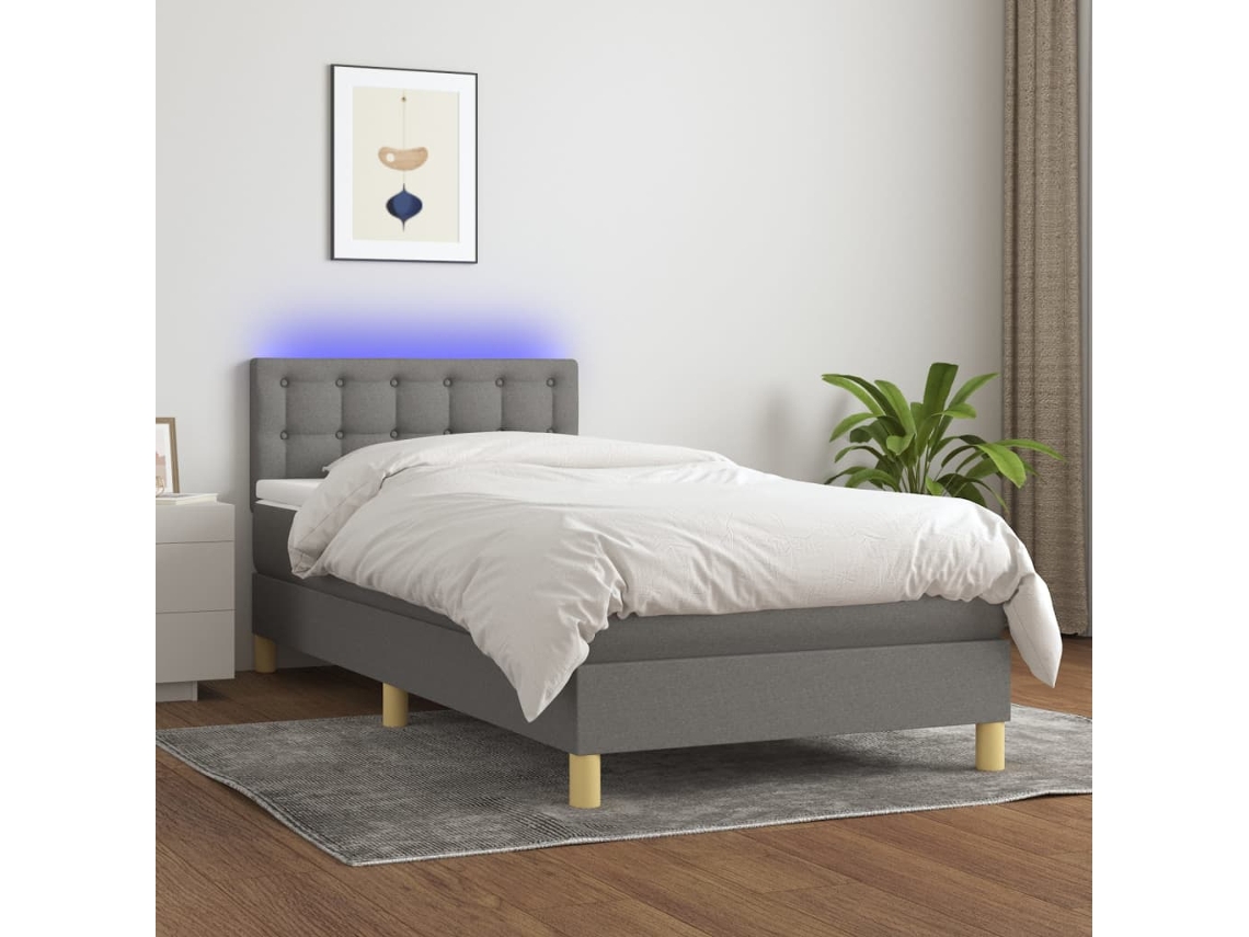 Cama Box Spring Con Colchón Y Led Tela Gris Oscuro 80x200 Cm